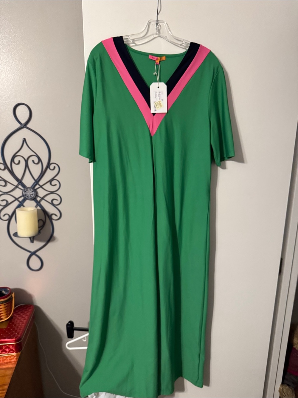 Vilagallo Green Maxi Dress with Pink and Black V-Neck Trim